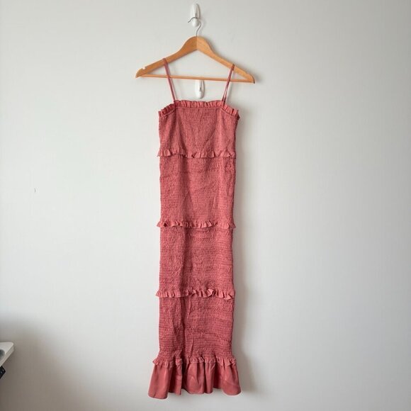 Mable Satin Smocked Fitted Ruffled Midi Dress Mauve Size Small - Picture 9 of 13